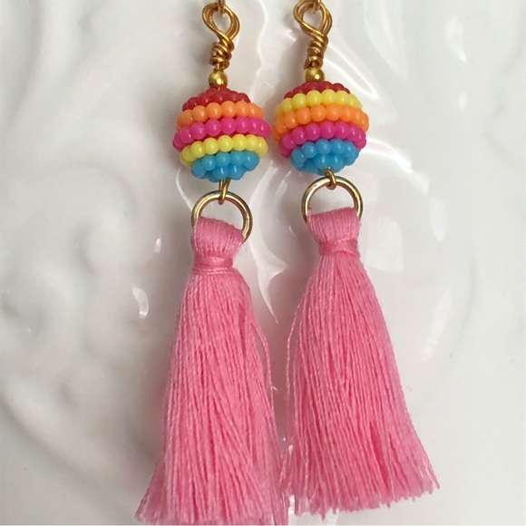 New Rainbow Bead Pink Tassel Fringe Fun Dangle Drop Handmade Boho Chic Earrings - Picture 6 of 6